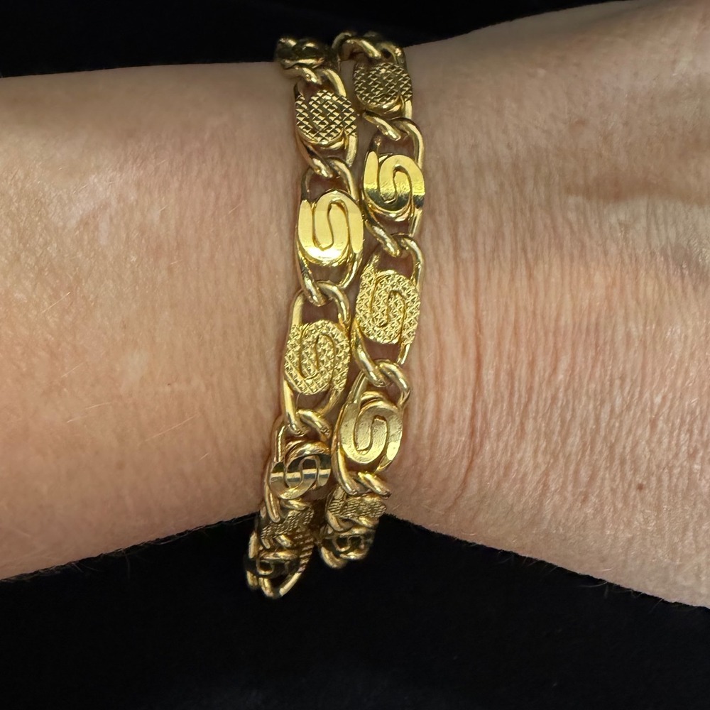 Gold Tone Double Strand Textured Swirl Link Bracelet – Vintage Statement Jewelry